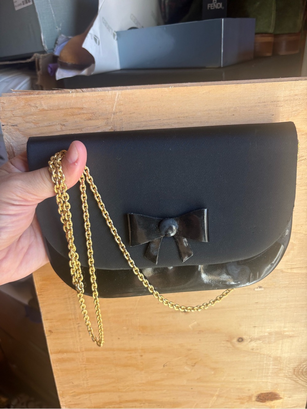 Dior Black Clutch with Bow and Gold Chain